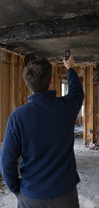 An estimator, seen from behind, holds a laser meter to a charred beam between stripped studs.
