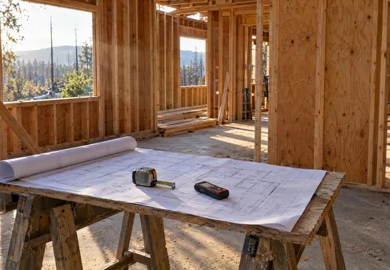 A house frame going back up after a fire, plans on a sawhorse, tape and laser meter in low sun.