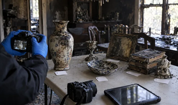 Gloved hands photograph a soot-covered vase beside numbered inventory tags.