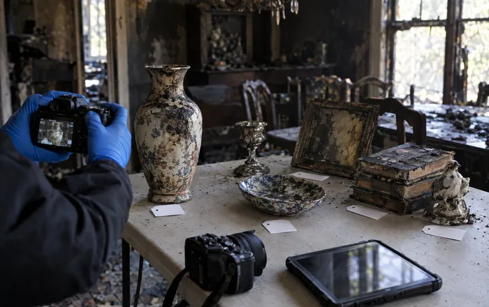 Gloved hands photographing a sooty vase beside numbered inventory tags