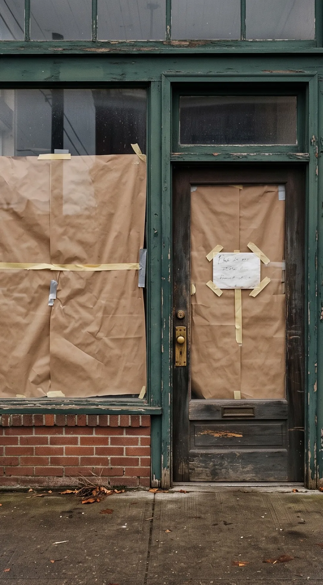 Closed storefront with papered windows and a notice on the door.