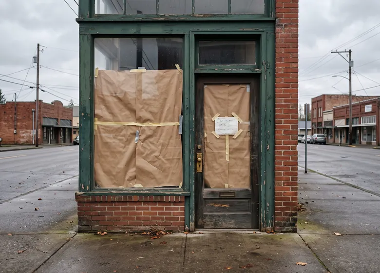 Closed storefront with papered windows and a notice on the door.