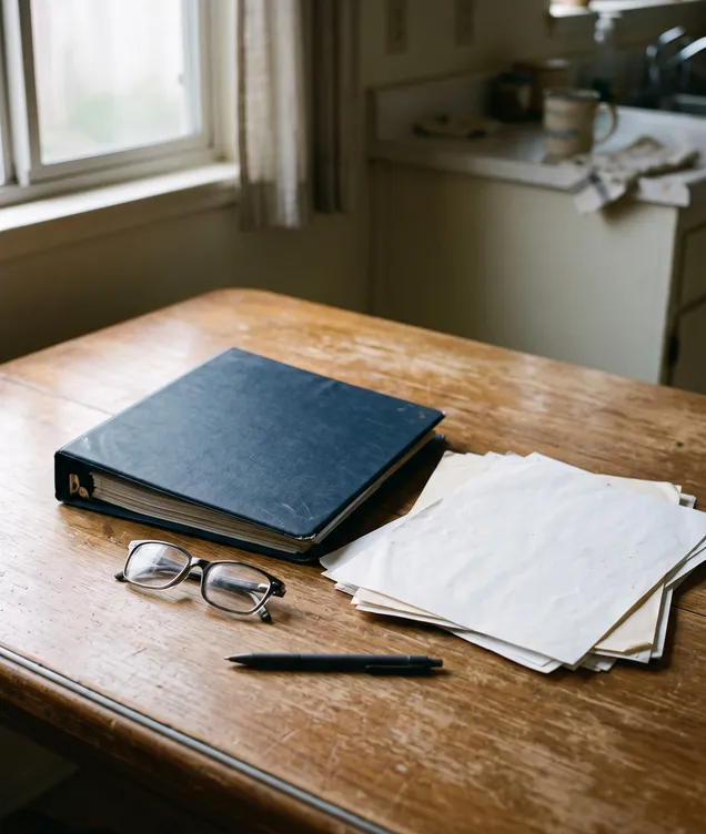 A navy claim binder, loose documents, reading glasses and a pen on a worn wooden table by a window.