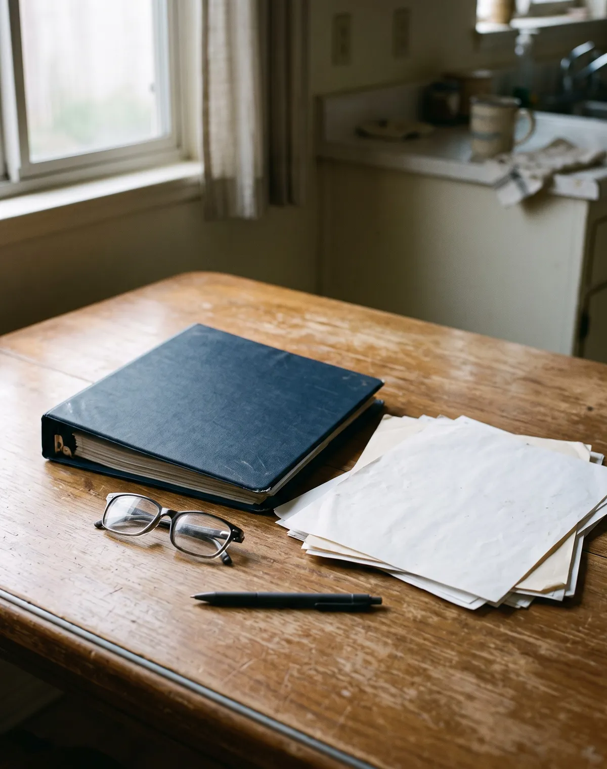 A claim binder, loose papers and reading glasses on a wooden kitchen table.
