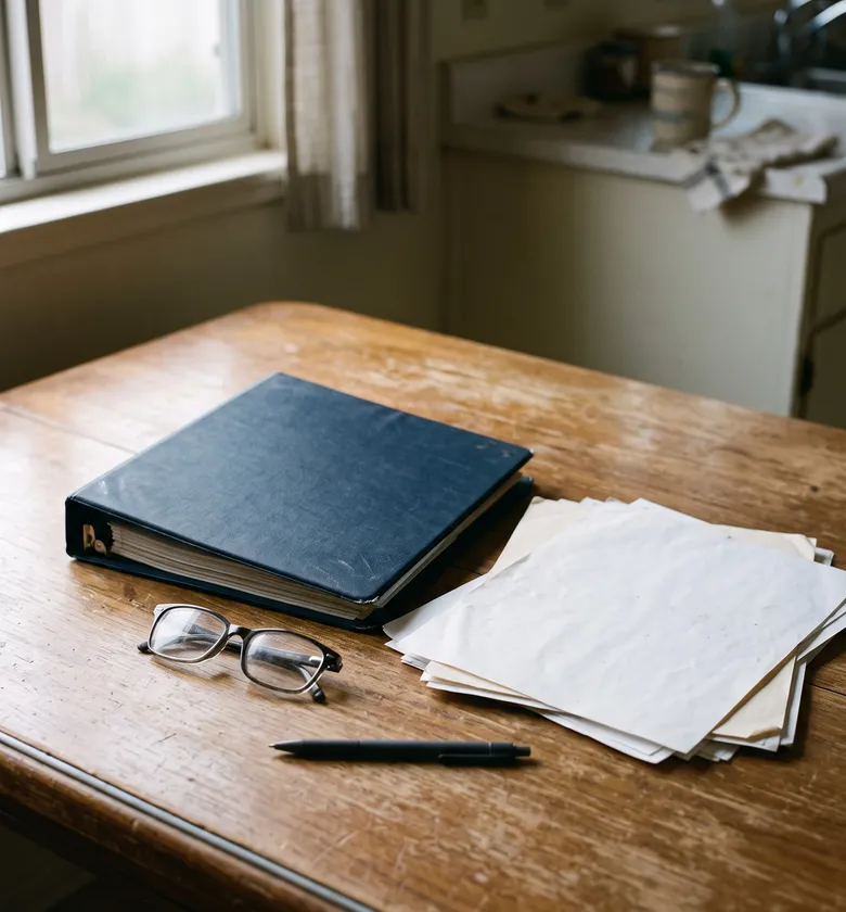 A claim binder, loose papers and reading glasses on a wooden kitchen table.