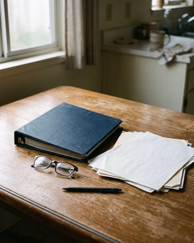 A homeowner’s policy, carrier letters and a marked-up estimate spread on a table