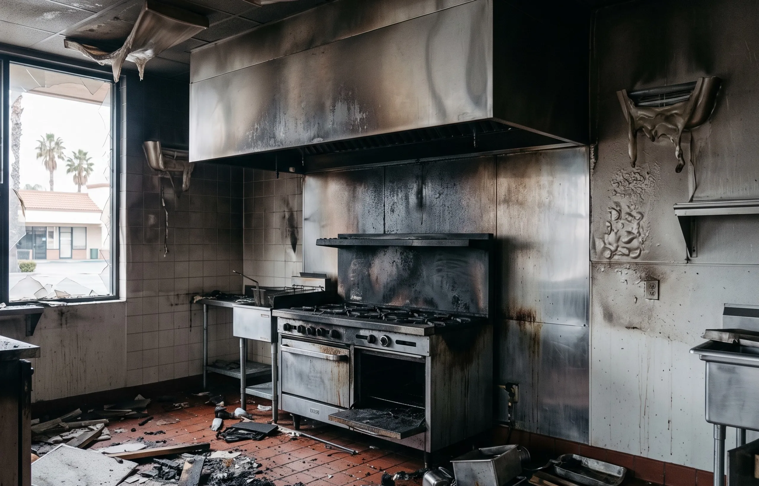 Fire-damaged commercial interior, walls and ceiling blackened by smoke.