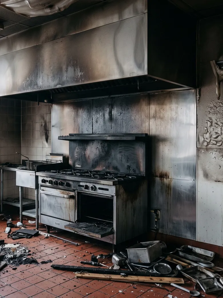 Fire-damaged commercial interior, walls and ceiling blackened by smoke.