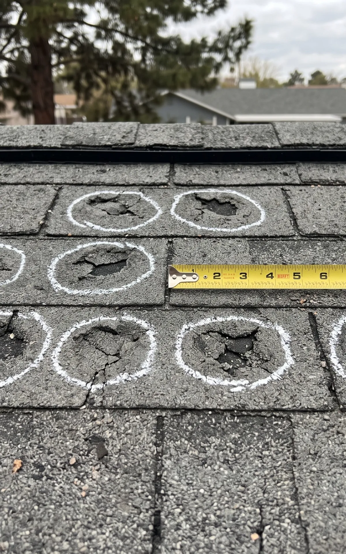 Hail-damaged roof shingles, the impacts circled in chalk, with a tape measure for scale.