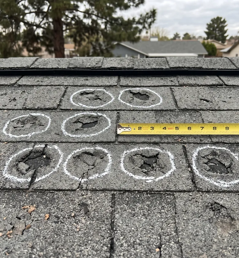 Hail-damaged roof shingles, the impacts circled in chalk, with a tape measure for scale.