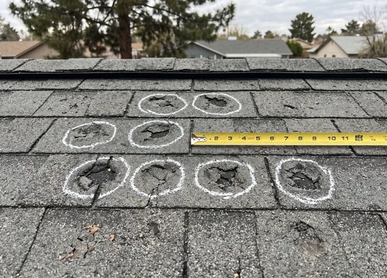 Hail-damaged roof shingles, close view