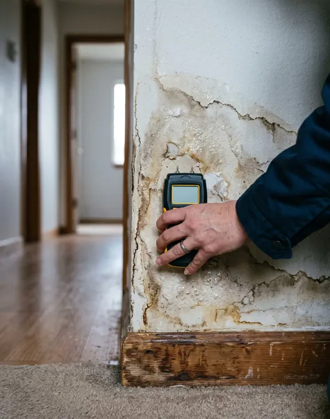 A moisture meter held against a water-stained wall near the floor.