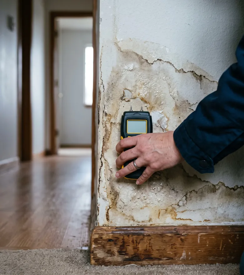 Moisture being measured on a water-damaged wall
