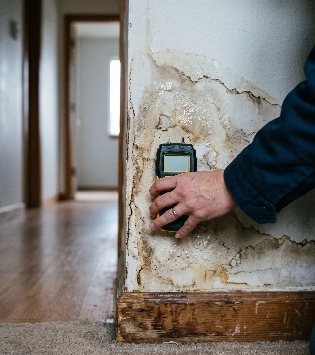 Moisture being measured on a water-damaged wall