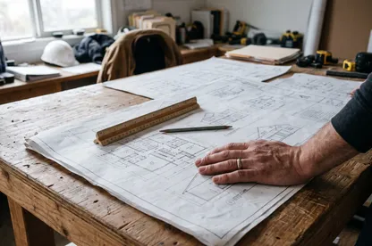 Hand resting on construction plans on a job site table.