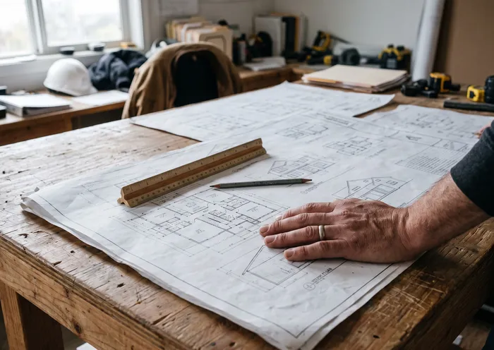 Construction plans and drawings spread on a table (illustrative)