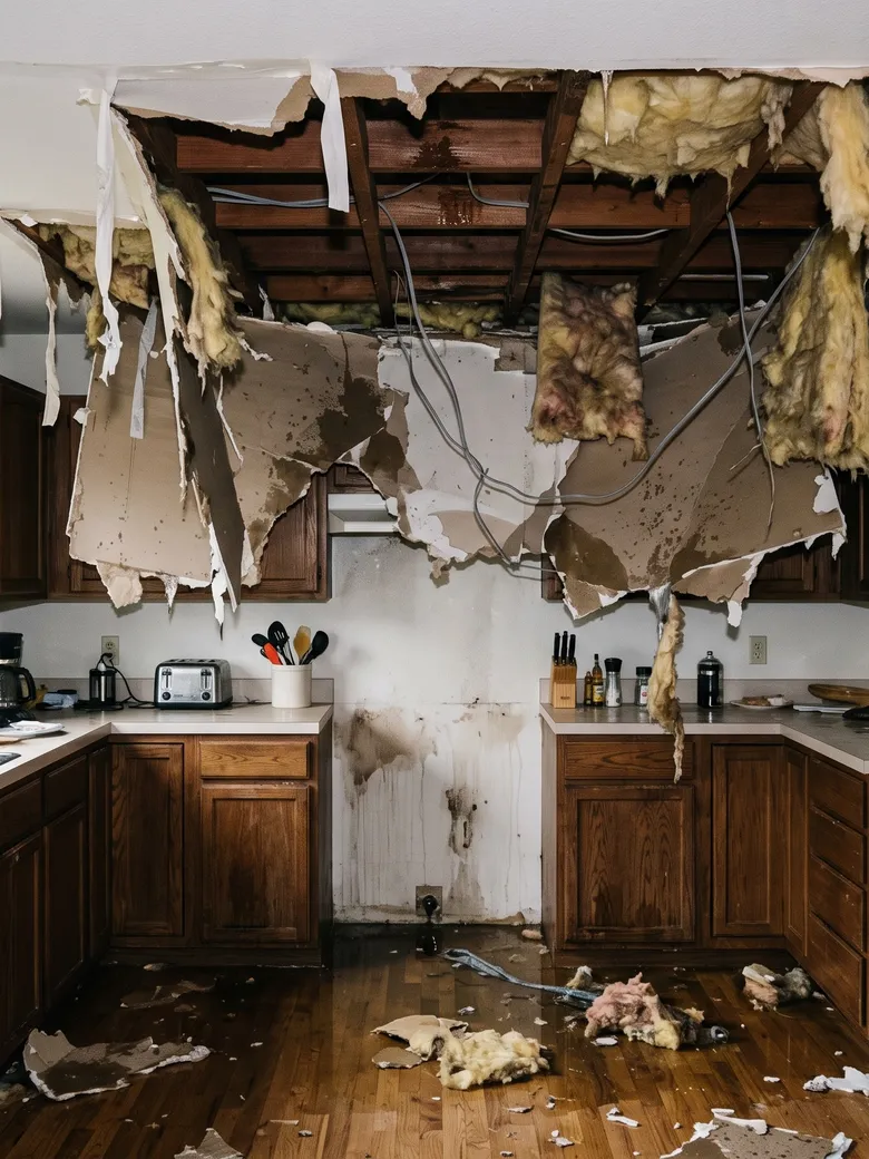 Kitchen after a water loss, with the ceiling collapsed and wet debris across the floor.