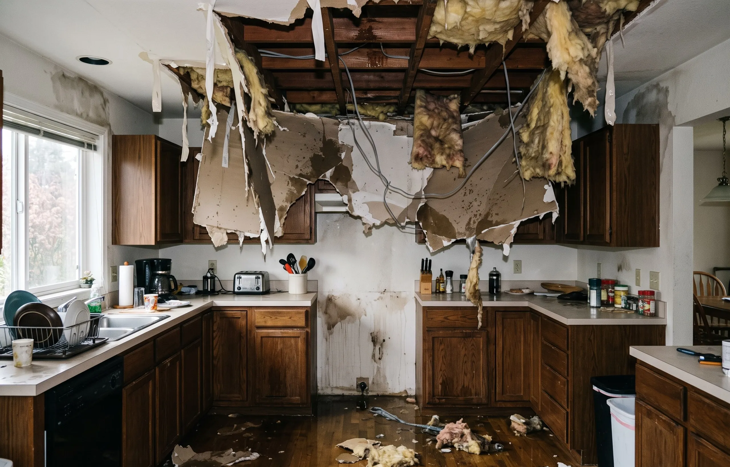 Kitchen after a water loss, with the ceiling collapsed and wet debris across the floor.