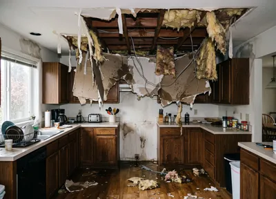 Water-damaged interior with wet flooring