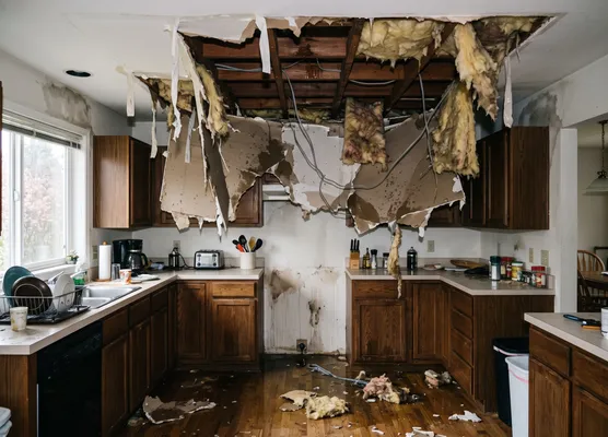 Water-damaged interior with wet flooring