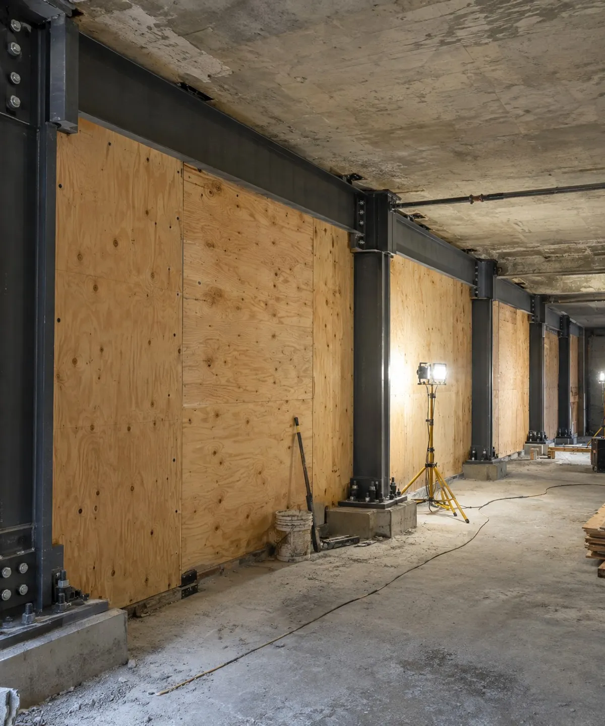 Seismic retrofit under way: steel frame and new plywood shear walls in a building basement.