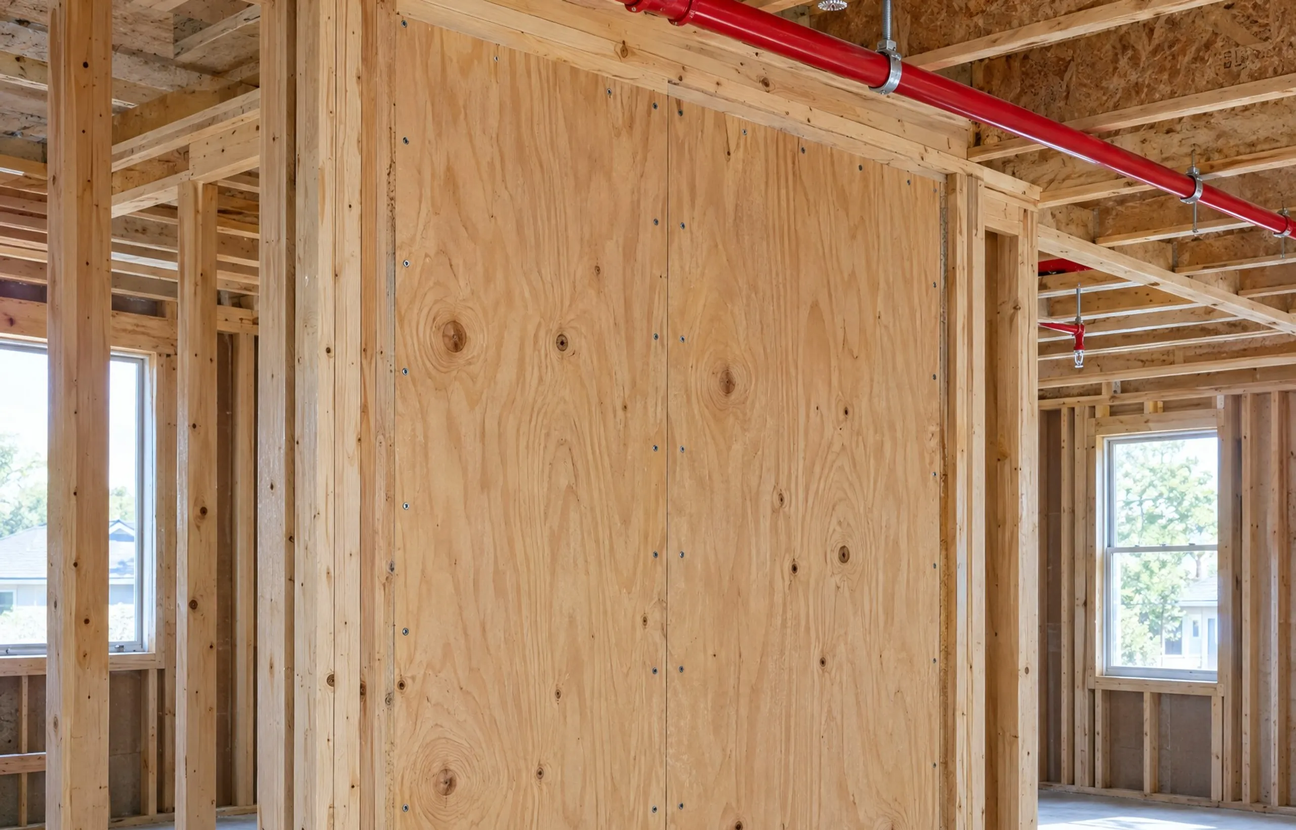 House framing under construction with new fire sprinkler piping and seismic hold-down hardware.