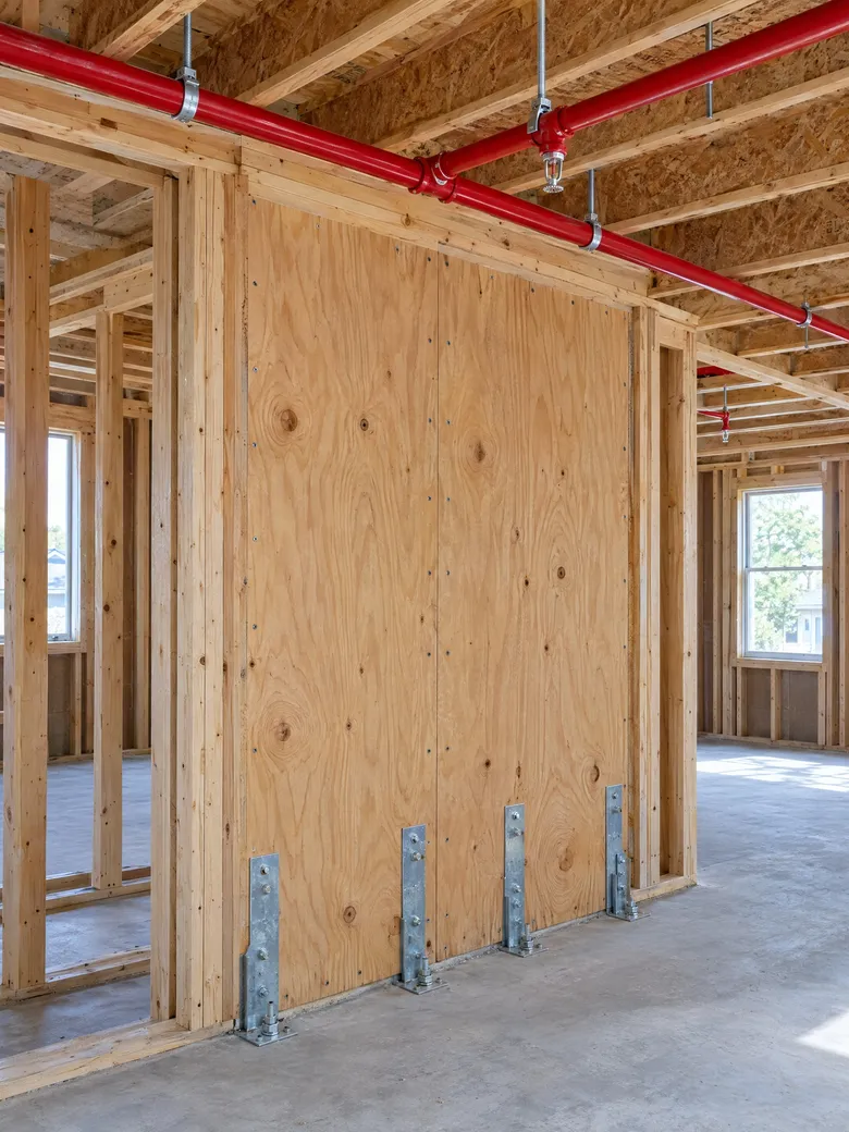 House framing under construction with new fire sprinkler piping and seismic hold-down hardware.