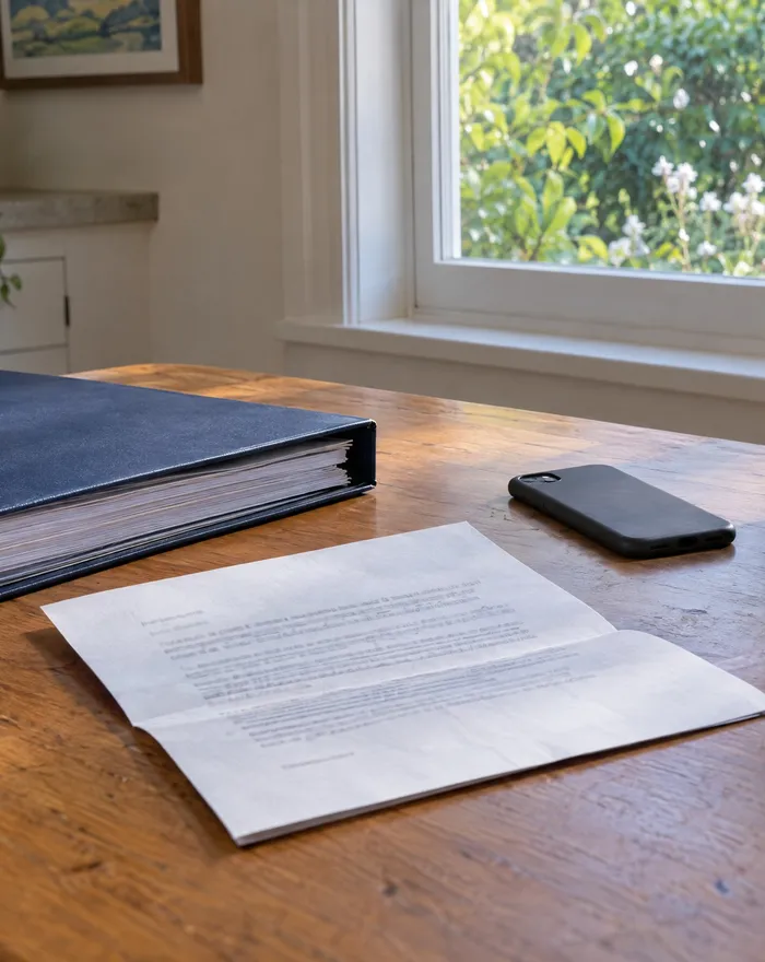 A kitchen table in morning light with an open policy binder, a carrier letter, a phone and a cup of coffee.
