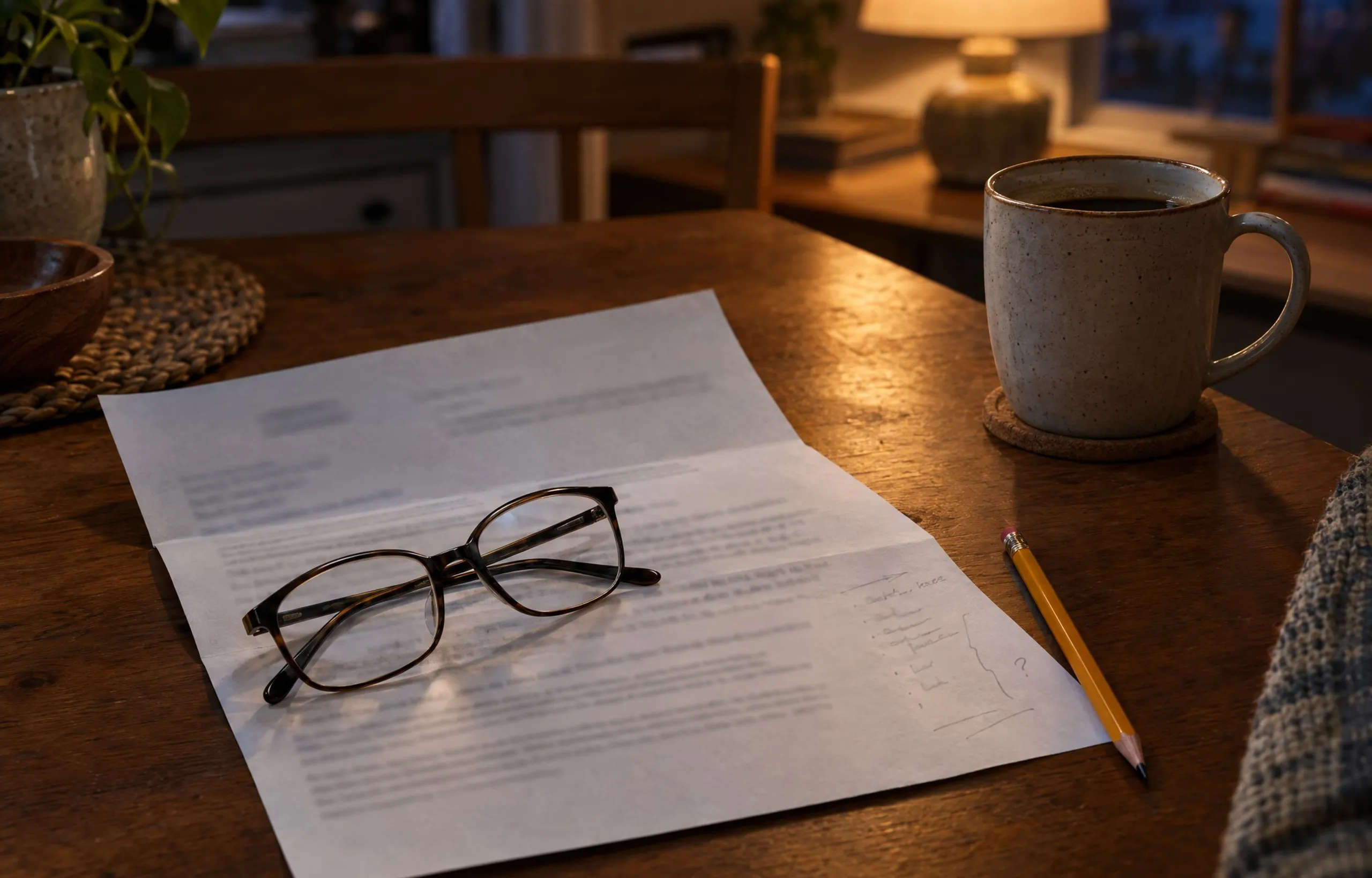 An insurance letter and reading glasses on a kitchen table beside a cup of coffee.