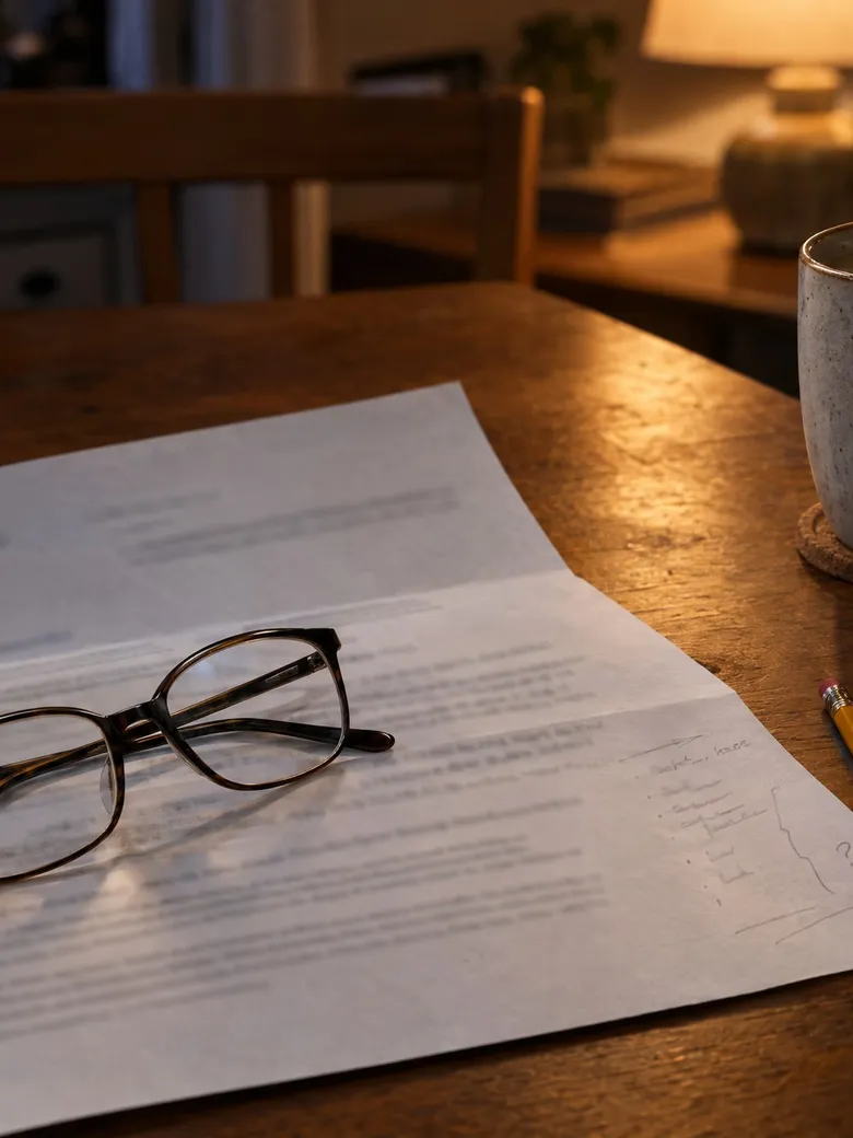 An insurance letter and reading glasses on a kitchen table beside a cup of coffee.