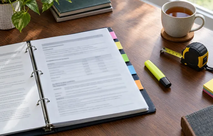 A policy binder with coloured tabs, a highlighter, a tape measure and a cup of tea on a desk.