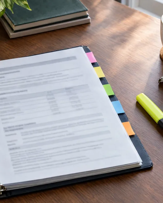 A policy binder with coloured tabs, a highlighter, a tape measure and a cup of tea on a desk.