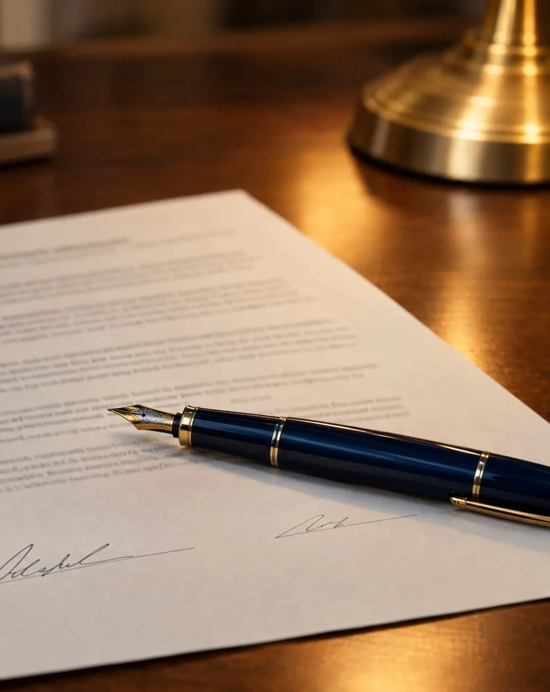 A signed agreement on a wooden desk beside a navy fountain pen and a brass lamp.