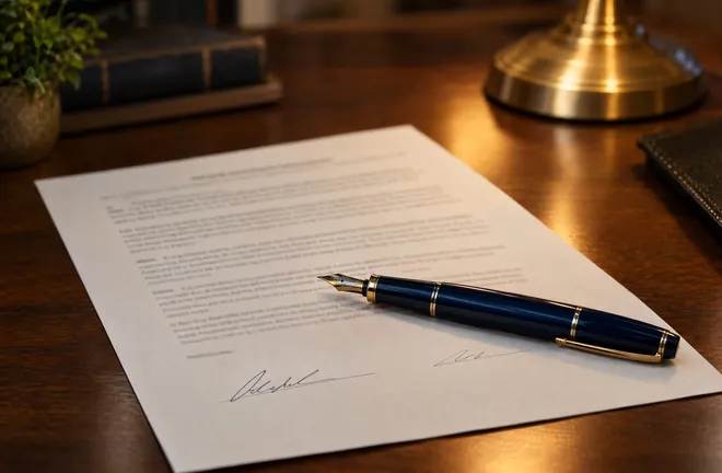 A signed agreement on a wooden desk beside a navy fountain pen and a brass lamp.