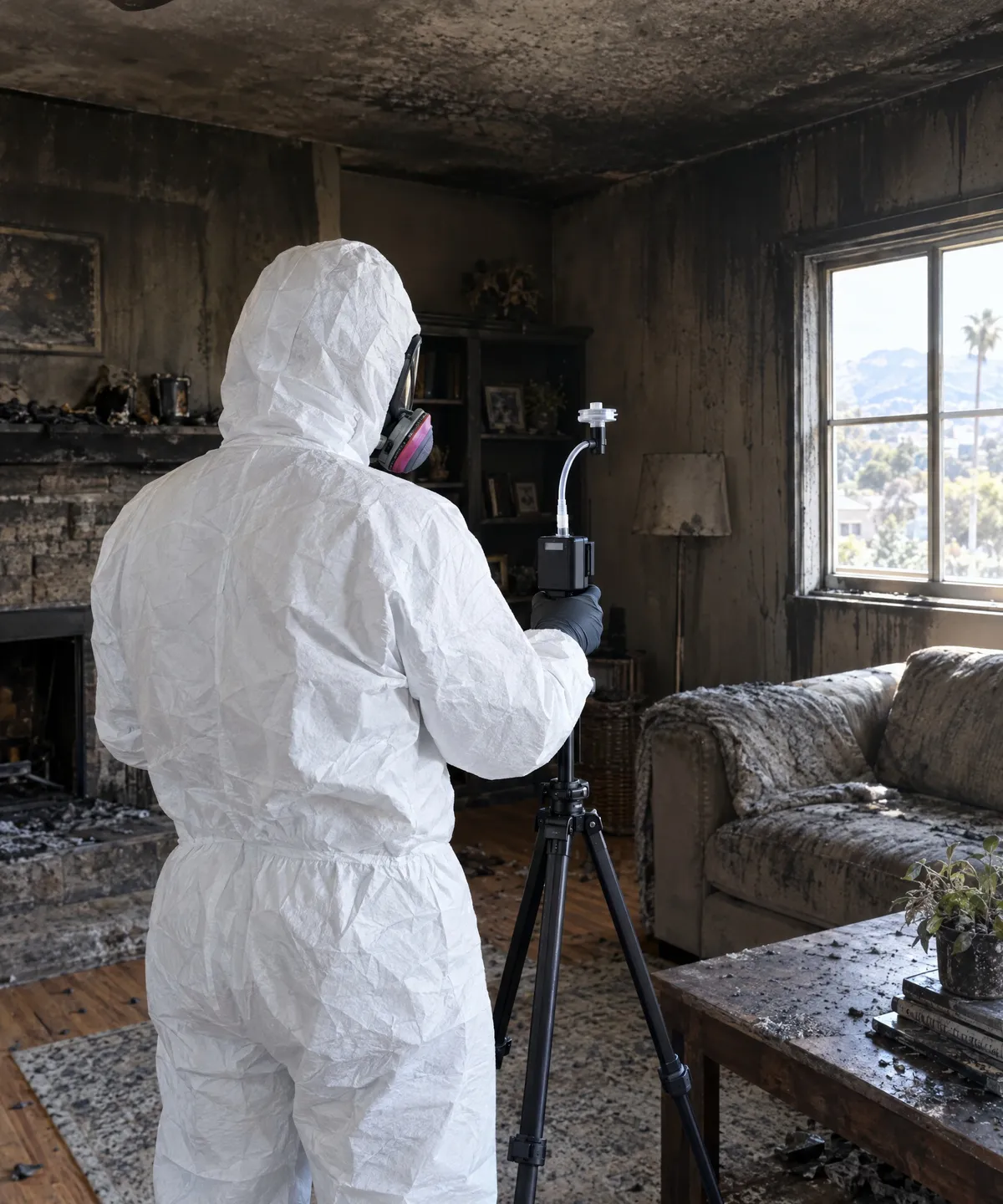 An industrial hygienist in a white protective suit takes air samples in a smoke-damaged living room.