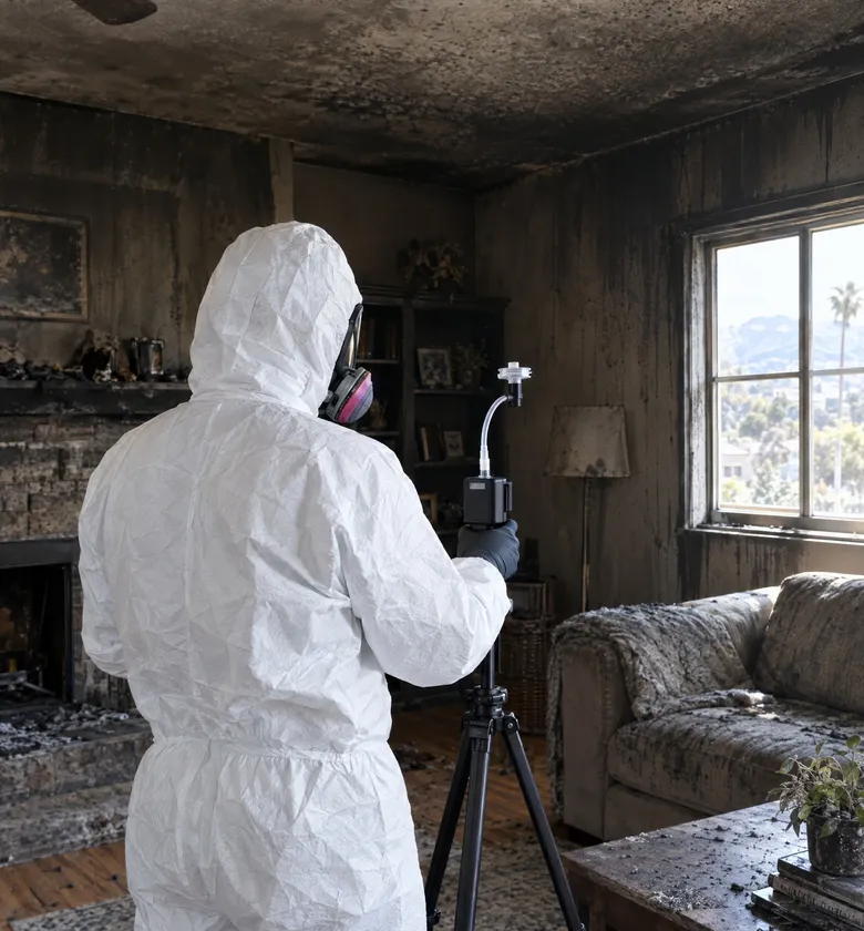 Industrial hygienist in a white protective suit taking air samples in a smoke-damaged living room.