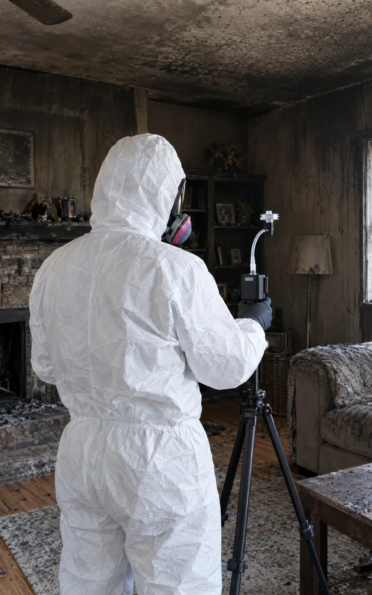 Industrial hygienist in a white protective suit taking air samples in a smoke-damaged living room.