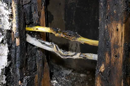 Macro of heat-damaged electrical cable sheathing inside a charred wall stud bay.