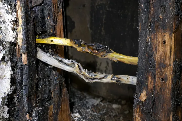 Macro of heat-damaged electrical cable sheathing inside a charred wall stud bay.