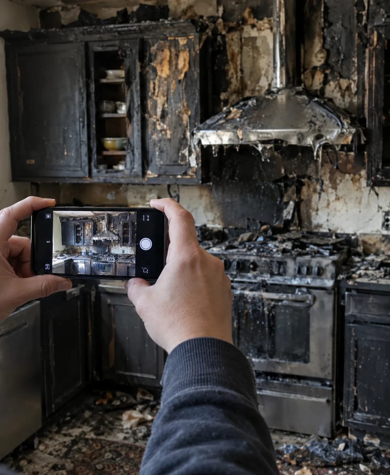 Hands holding a phone to photograph a fire-damaged kitchen before anything is moved.