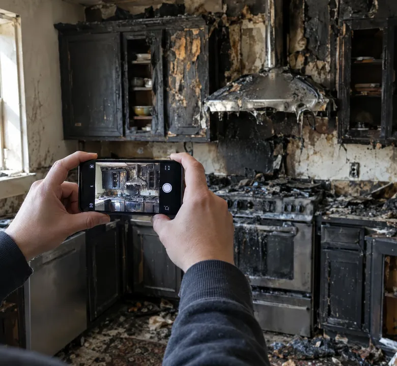 Hands holding a phone to photograph a fire-damaged kitchen before anything is moved.