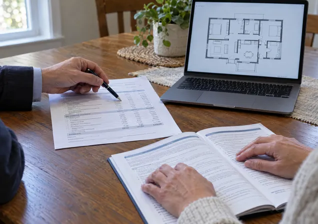 Hands at a dining table: a pen on an estimate line beside an open policy and a laptop showing a floor plan.
