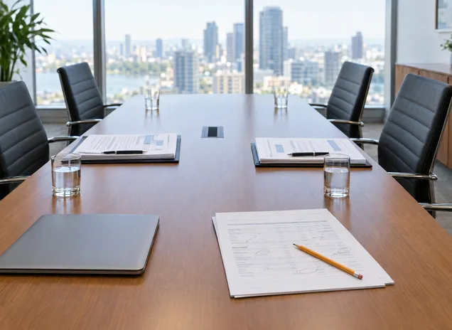 A long conference table with two sets of documents facing each other and a city view beyond.
