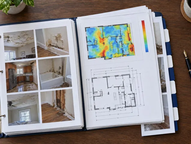 Top-down view of an open claim binder with photo sheets, a moisture map and a floor plan.