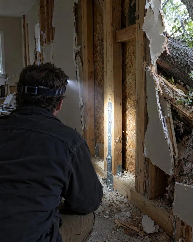 An engineer with a headlamp inspects racked, fire-damaged wall framing.