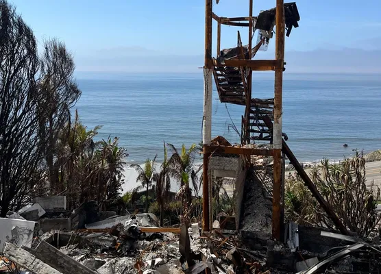 Charred timber frame of a house after a wildfire