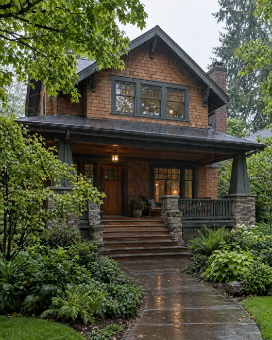 A cedar shingle Craftsman home in the Portland rain.