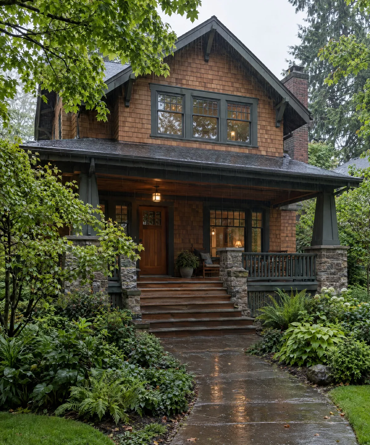 Cedar shingle Craftsman house in the rain.