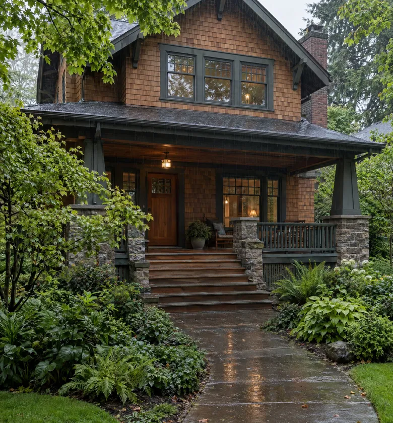 Cedar shingle Craftsman house in the rain.