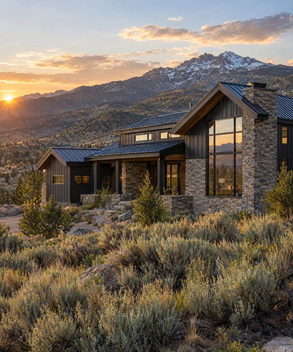 Mountain modern house among sagebrush.